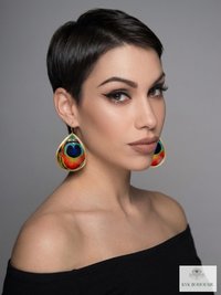 Peacock Feather Print Teardrop Earrings, Bohemian Gold Plated Dangles, Colorful Artisan Jewelry Drops