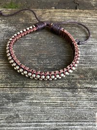 Mens Silver Bead Leather Bracelet