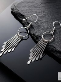 Sterling Silver Fringe Paddle Earrings, Handcrafted Boho Dangles, Unique Metallic Statement Drops