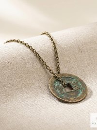 Antique Chinese Cash Coin Necklace, Feng Shui Good Fortune Pendant