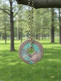 Antique Chinese Cash Coin Necklace, Feng Shui Good Fortune Pendant