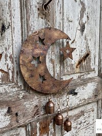 Crescent Moon and Stars with Hanging Bells Windchime - Artisan Metal Garden Decor Brass Bells