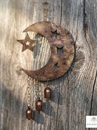 Crescent Moon and Stars with Hanging Bells Windchime - Artisan Metal Garden Decor Brass Bells