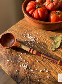 Hand-Turned Lacquerware Wood Spoon - Artisan Handcrafted Serving Scoop - Wooden Coffee Spoon, Colorful Boho Kitchen Decor Gift