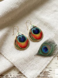 Peacock Feather Print Teardrop Earrings, Bohemian Gold Plated Dangles, Colorful Artisan Jewelry Drops