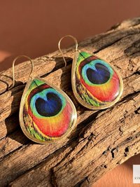 Peacock Feather Print Teardrop Earrings, Bohemian Gold Plated Dangles, Colorful Artisan Jewelry Drops