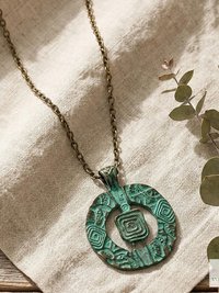 Brass Patina Circle Necklace, Boho Verdigris Pendant, Tribal Green Bronze Statement