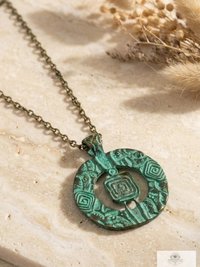 Brass Patina Circle Necklace, Boho Verdigris Pendant, Tribal Green Bronze Statement