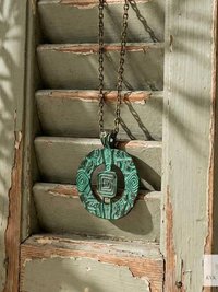 Brass Patina Circle Necklace, Boho Verdigris Pendant, Tribal Green Bronze Statement