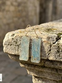 Handcrafted Brass Patina Earrings, Textured Rectangle Dangle Earrings, Rustic Verdigris Boho Jewelry