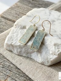 Handcrafted Brass Patina Earrings, Textured Rectangle Dangle Earrings, Rustic Verdigris Boho Jewelry