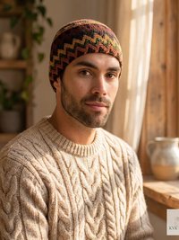 Earth Zig Zag Kufi Skull Cap - Crocheted Beanie Hat, Ethically sourced