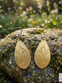 Handcrafted Brass Flower Drop Threader Earrings - Botanical Leaf Dangles