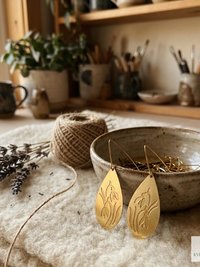 Handcrafted Brass Flower Drop Threader Earrings - Botanical Leaf Dangles