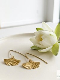 Handcrafted Brass Lotus Flower Drop Threader Earrings - Botanical Leaf Dangles