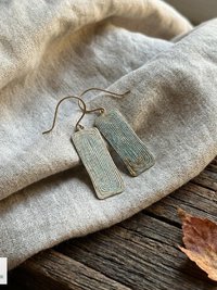 Handcrafted Brass Patina Earrings, Textured Rectangle Dangle Earrings, Rustic Verdigris Boho Jewelry