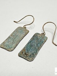 Handcrafted Brass Patina Earrings, Textured Rectangle Dangle Earrings, Rustic Verdigris Boho Jewelry