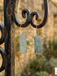 Handcrafted Brass Patina Earrings, Textured Rectangle Dangle Earrings, Rustic Verdigris Boho Jewelry