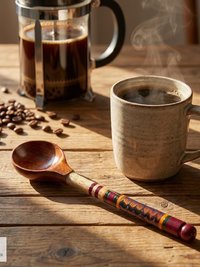 Hand-Turned Lacquerware Wood Spoon - Artisan Handcrafted Serving Scoop - Wooden Coffee Spoon, Colorful Boho Kitchen Decor Gift