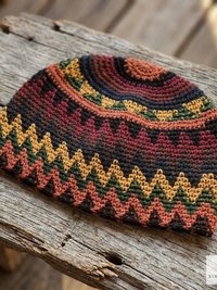 Earth Zig Zag Kufi Skull Cap - Crocheted Beanie Hat, Ethically sourced