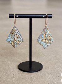 Rustic Patina Dangle Earrings: Textured Diamond Metal Drops, Verdigris Boho Jewelry Gift