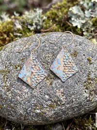 Rustic Patina Dangle Earrings: Textured Diamond Metal Drops, Verdigris Boho Jewelry Gift