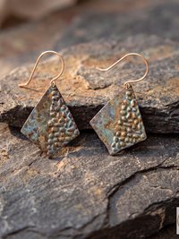 Rustic Patina Dangle Earrings: Textured Diamond Metal Drops, Verdigris Boho Jewelry Gift