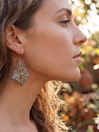 Rustic Patina Dangle Earrings: Textured Diamond Metal Drops, Verdigris Boho Jewelry Gift