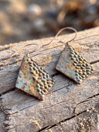 Rustic Patina Dangle Earrings: Textured Diamond Metal Drops, Verdigris Boho Jewelry Gift