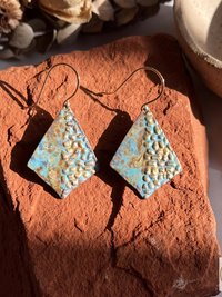 Rustic Patina Dangle Earrings: Textured Diamond Metal Drops, Verdigris Boho Jewelry Gift