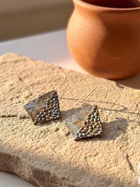 Rustic Patina Dangle Earrings: Textured Diamond Metal Drops, Verdigris Boho Jewelry Gift