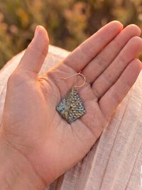 Rustic Patina Dangle Earrings: Textured Diamond Metal Drops, Verdigris Boho Jewelry Gift