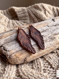 Handcrafted Brown Leather Feather Earrings, Lightweight Boho Drop Dangles in Earth Tones