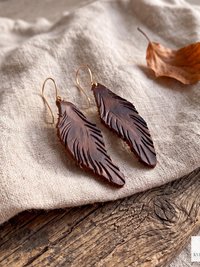 Handcrafted Brown Leather Feather Earrings, Lightweight Boho Drop Dangles in Earth Tones