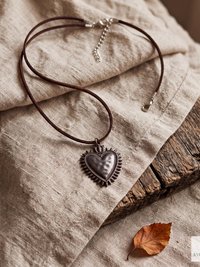 Mexican Milagro Sacred Heart Necklace, Antique Bronze Corazon Pendant on Brown Suede Cord