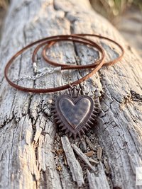 Mexican Milagro Sacred Heart Necklace, Antique Bronze Corazon Pendant on Brown Suede Cord
