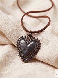 Mexican Milagro Sacred Heart Necklace, Antique Bronze Corazon Pendant on Brown Suede Cord