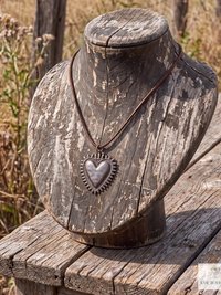 Mexican Milagro Sacred Heart Necklace, Antique Bronze Corazon Pendant on Brown Suede Cord