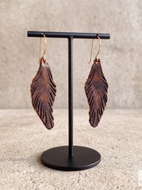 Handcrafted Brown Leather Feather Earrings, Lightweight Boho Drop Dangles in Earth Tones