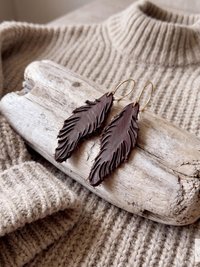 Handcrafted Brown Leather Feather Earrings, Lightweight Boho Drop Dangles in Earth Tones