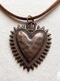 Mexican Milagro Sacred Heart Necklace, Antique Bronze Corazon Pendant on Brown Suede Cord
