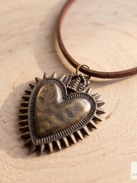 Mexican Milagro Sacred Heart Necklace, Antique Bronze Corazon Pendant on Brown Suede Cord