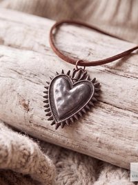 Mexican Milagro Sacred Heart Necklace, Antique Bronze Corazon Pendant on Brown Suede Cord