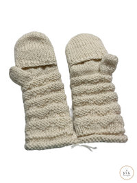 Hand-Knit Off White Wool Mittens with Wooden Buttons - Convertible Fingerless Gloves