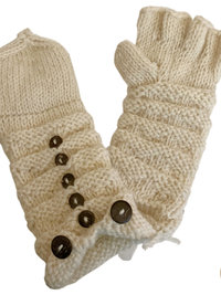 Hand-Knit Off White Wool Mittens with Wooden Buttons - Convertible Fingerless Gloves