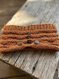 Hand-Knit Orange Wool Headband with Buttons - Cozy Ear Warmer for Women
