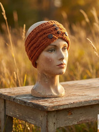 Hand-Knit Orange Wool Headband with Buttons - Cozy Ear Warmer for Women