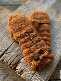 Hand-Knit Orange Wool Mittens with Wooden Buttons - Convertible Fingerless Gloves