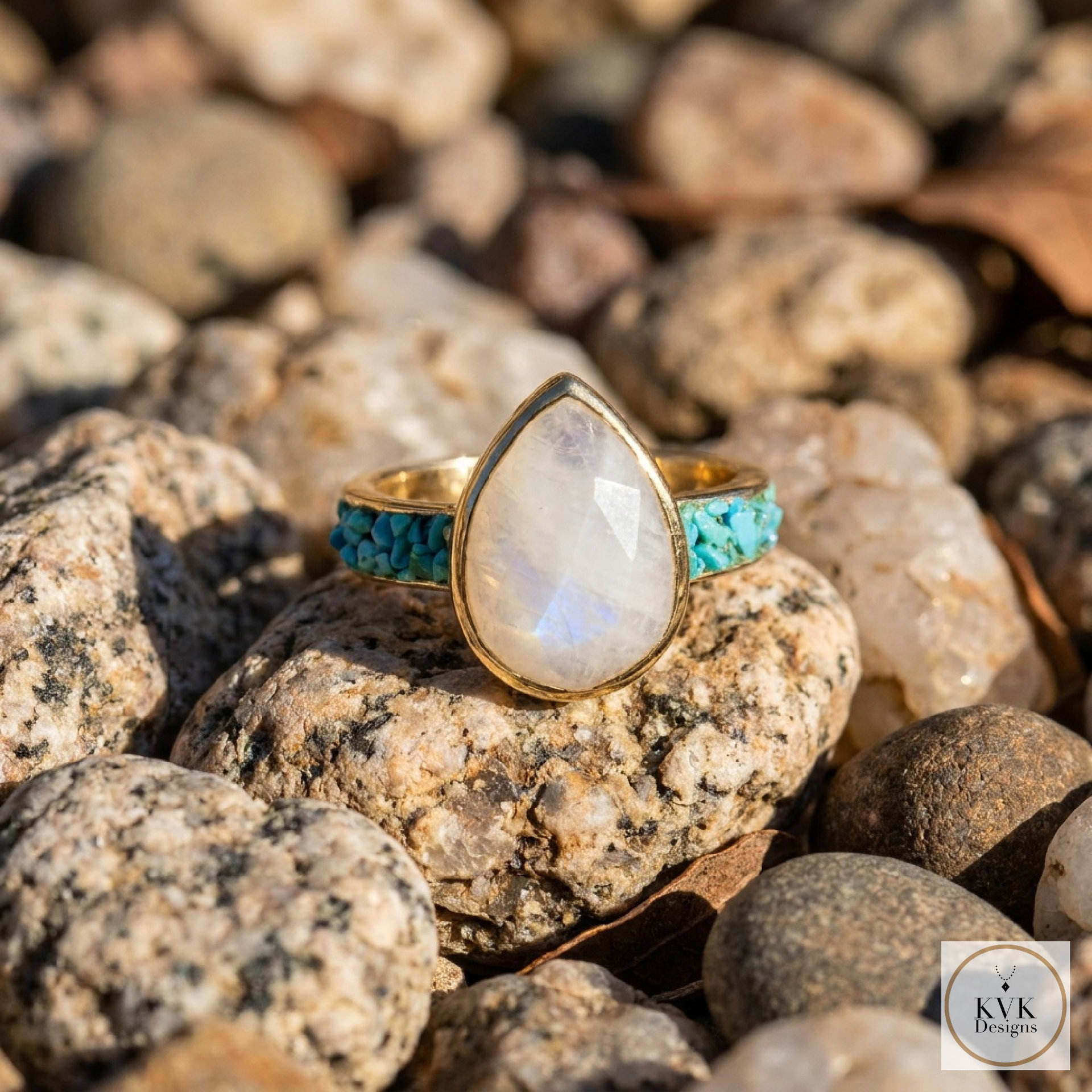 14 Karat Gold Plated Rainbow Moonstone and Crushed Turquoise Ring