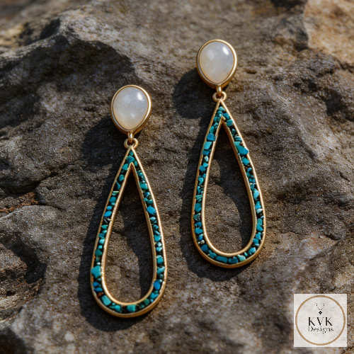 14 Karat Gold Plated Rainbow Moonstone and Turquoise Chip Post Earrings